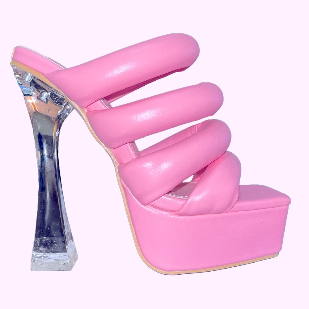 Lemon Drop by Privileged Pink Puffy Strap Clear Platform High Heels